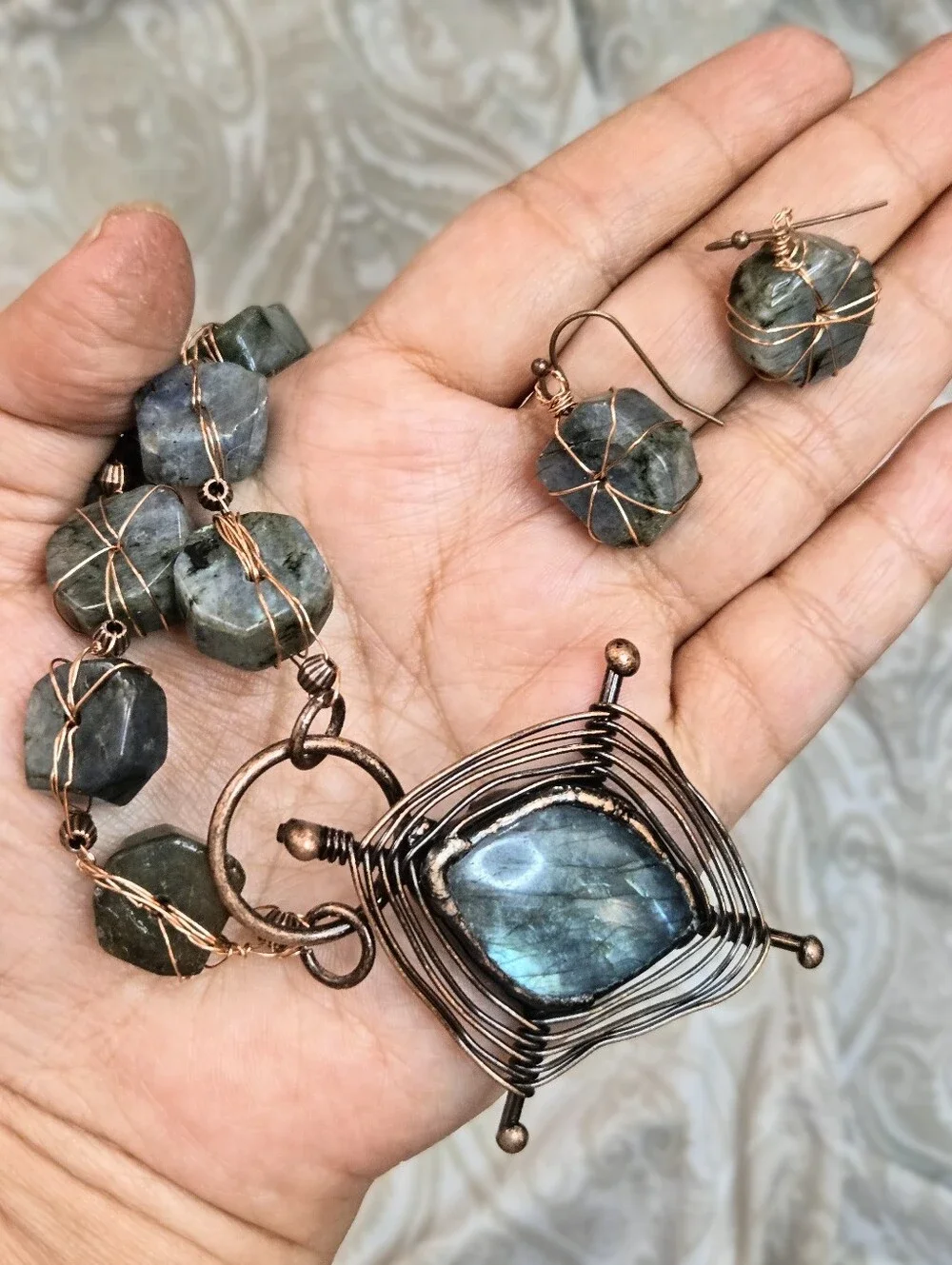 Handmade Natural Wheel Labradorite & Pendant Wire Wrapped Artisan Made Necklace